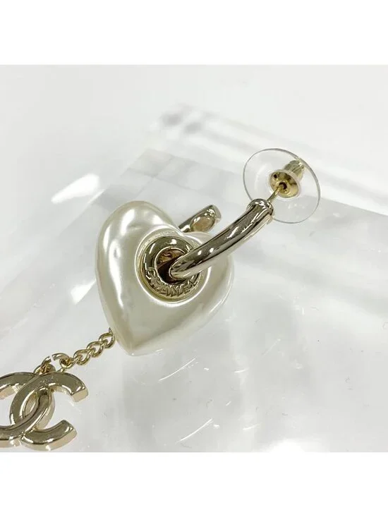 Chanel Earrings Hoop CC Logo Pearl Line Stone Gold - Picture 4 of 9